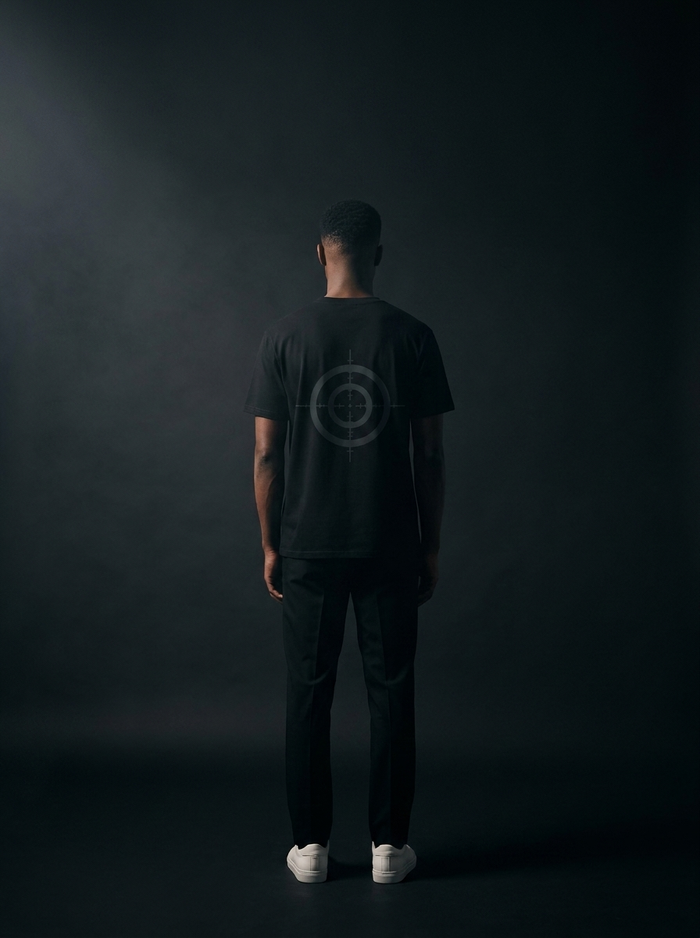FADENKREUZ Backprint – Model Rückenansicht mit grossem Crosshair-Print