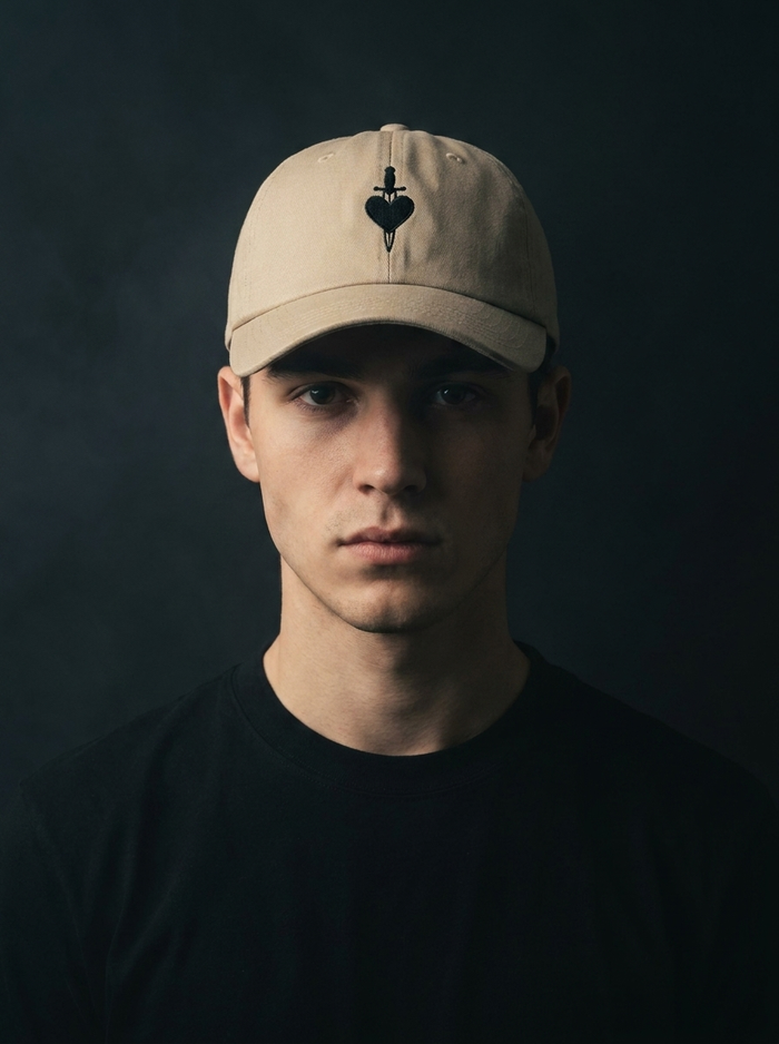 BLADE CAP Sand – Model mit Herz-Dolch-Emblem