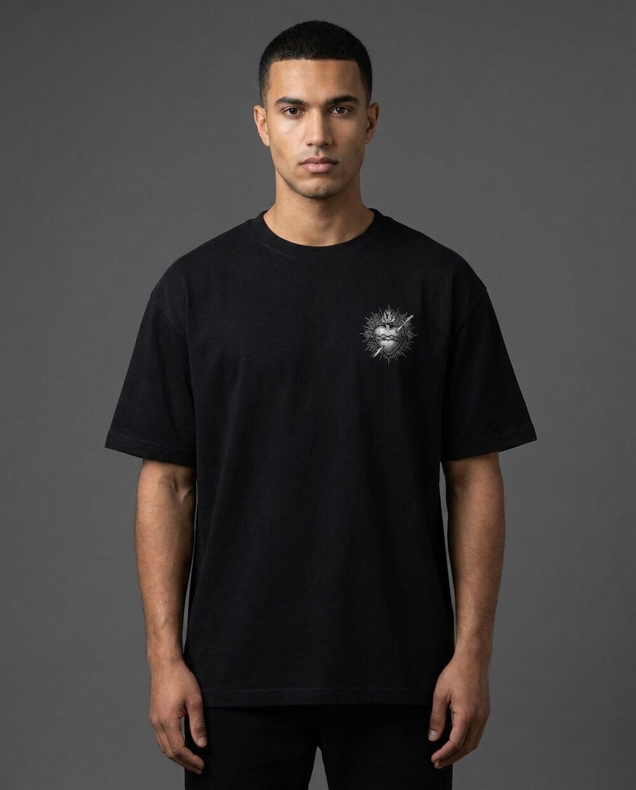 SACRED Organic Tee Schwarz – Sacred Heart am NEOKULT Model getragen