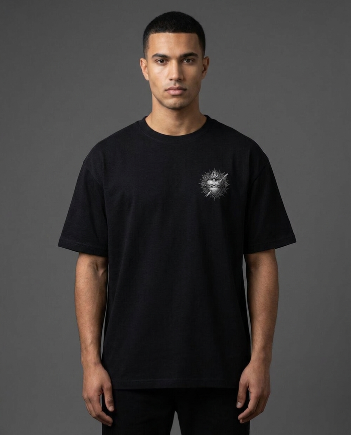 SACRED Organic Tee Schwarz – Sacred Heart am NEOKULT Model getragen