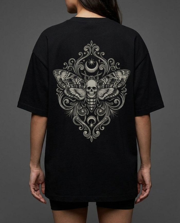 REQUIEM Moth Tee Black – Backprint am NEOKULT Model getragen, Rückenansicht