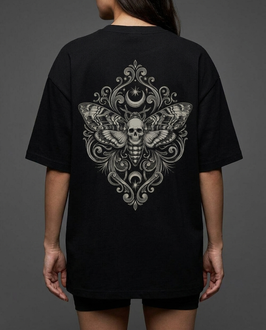 REQUIEM Moth Tee Black – Backprint am NEOKULT Model getragen, Rückenansicht