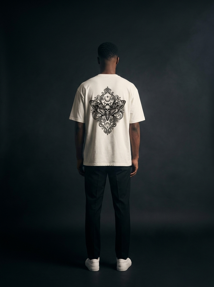 NEOKULT REQUIEM Moth Tee Off-White – Model Rückenansicht mit Totenfalter Backprint, Front clean