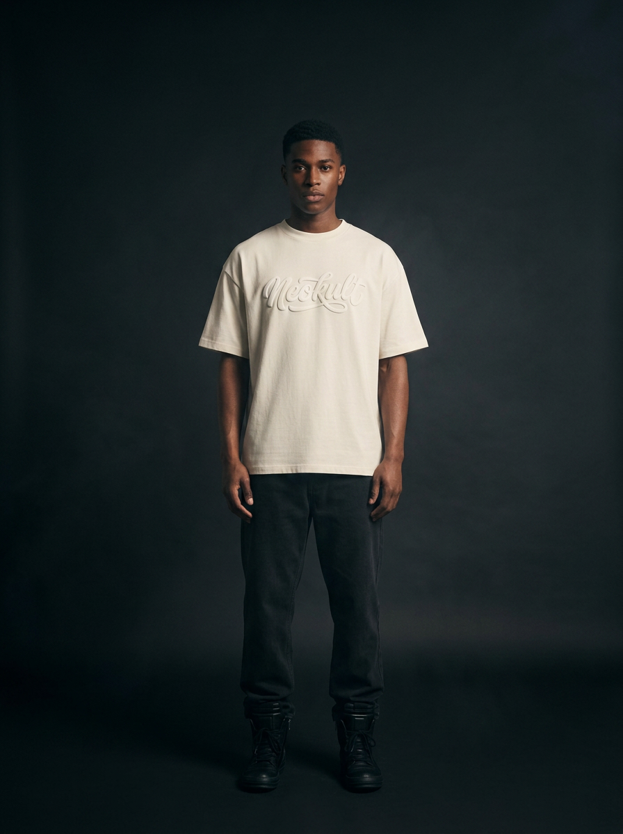 VACANCY Puff Tee Off-White – Model Frontansicht mit Puff-Print Wordmark