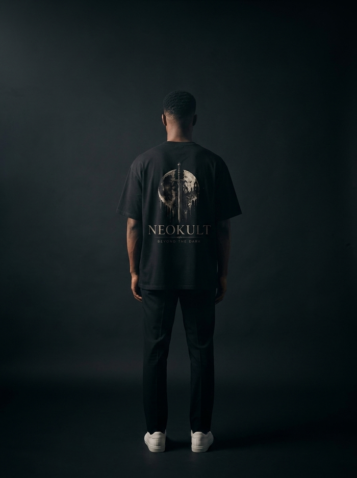 BLOOD MOON Tee – Model Rückenansicht mit Mond-und-Klinge-Backprint
