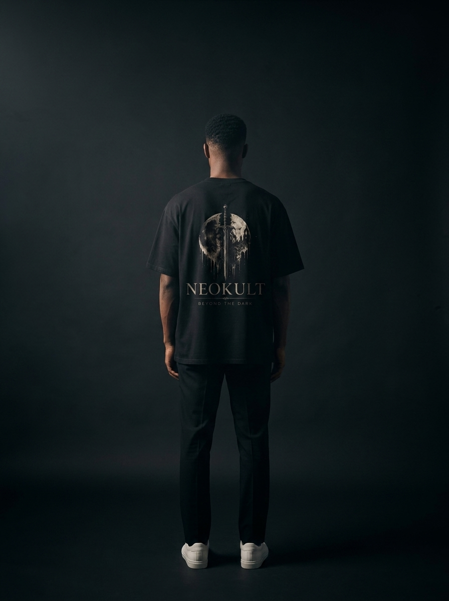 BLOOD MOON Tee – Model Rückenansicht mit Mond-und-Klinge-Backprint